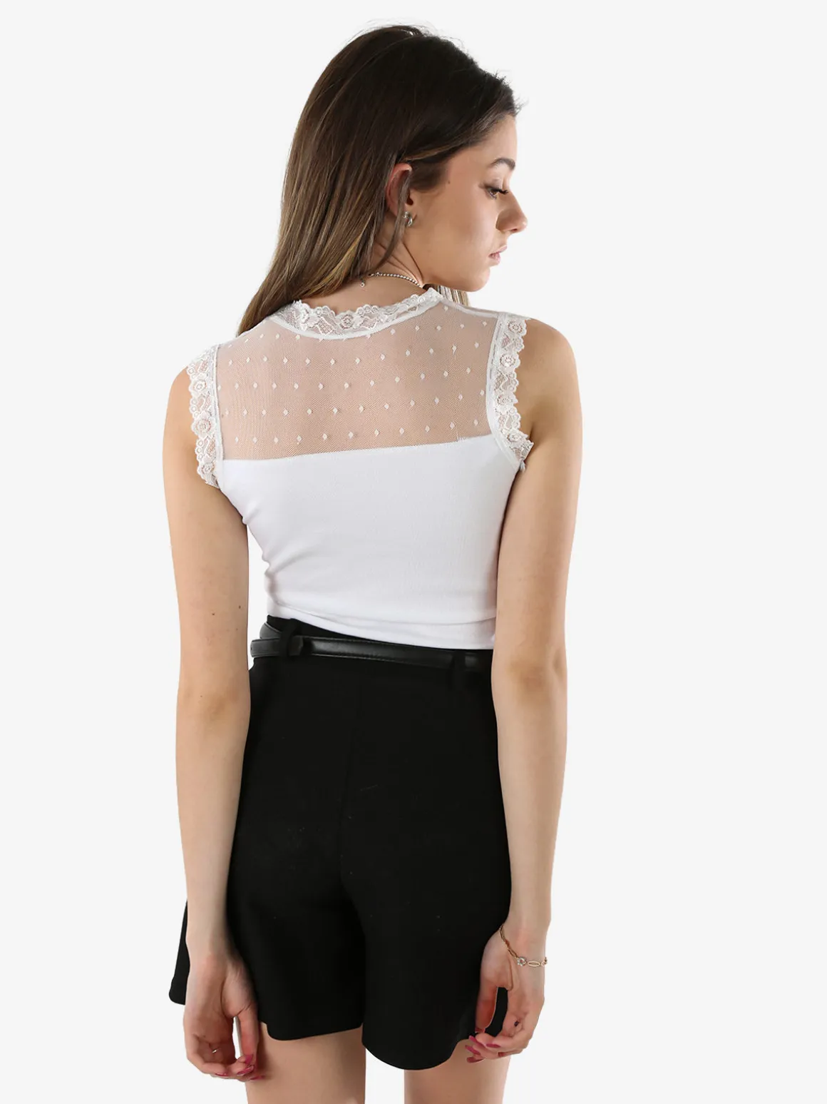 Solada Top body donna senza maniche con inserti in tulle e pizzo - bianco
