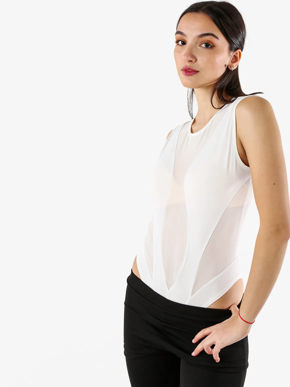 Solada Top body smanicato da donna con inserti a rete - bianco