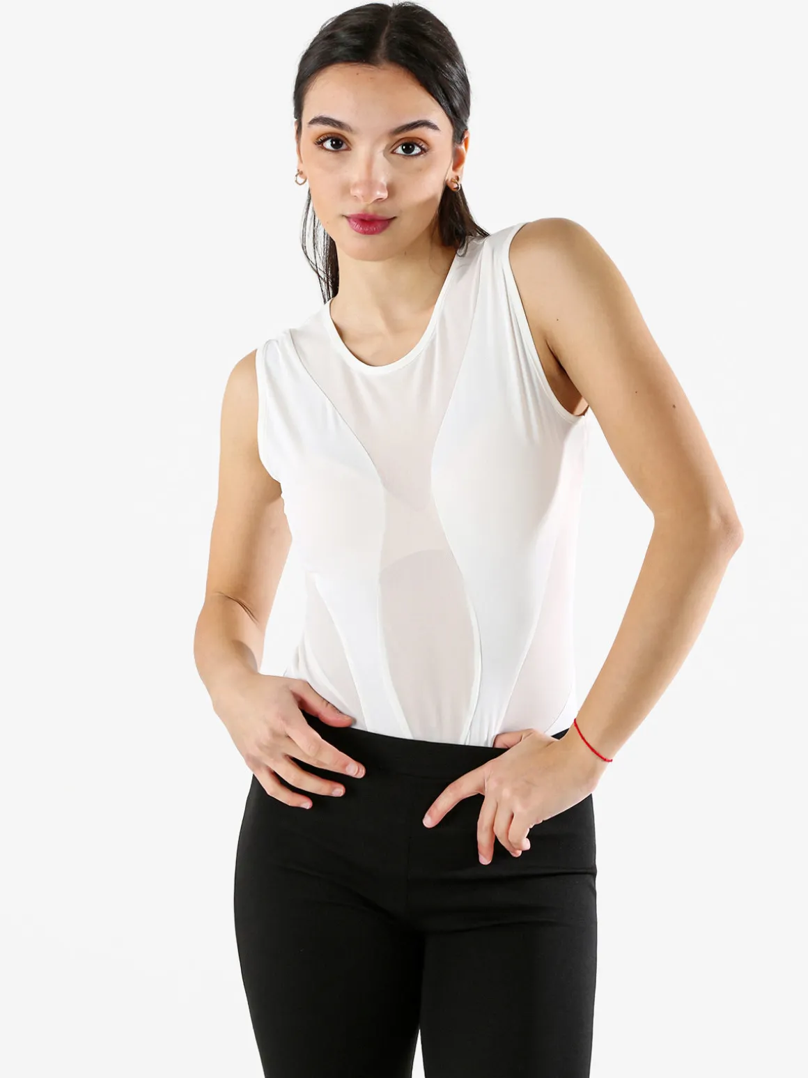 Solada Top body smanicato da donna con inserti a rete - bianco