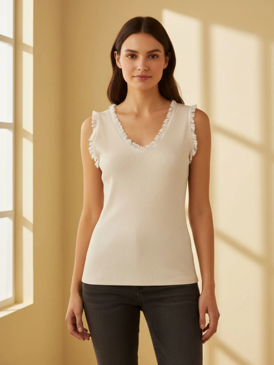 Solada Top donna a costine con scollo a V e bordi sfrangiati - beige