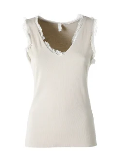 Solada Top donna a costine con scollo a V e bordi sfrangiati - beige