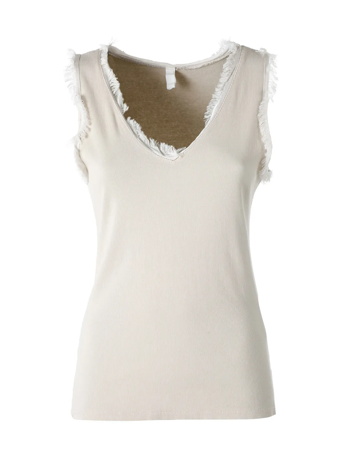 Solada Top donna a costine con scollo a V e bordi sfrangiati - beige