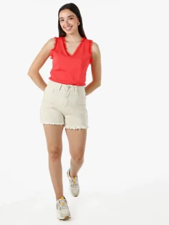 Solada Top donna a costine con scollo a V e bordi sfrangiati - rosso