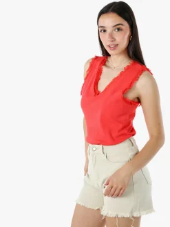Solada Top donna a costine con scollo a V e bordi sfrangiati - rosso