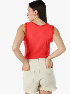 Solada Top donna a costine con scollo a V e bordi sfrangiati - rosso