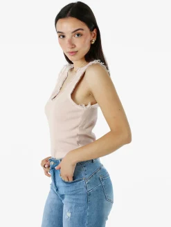 Solada Top donna a costine con scollo a V e bordi sfrangiati - rosa