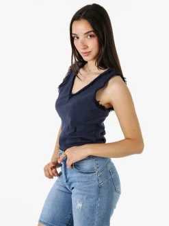 Solada Top donna a costine con scollo a V e bordi sfrangiati - blu scuro
