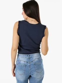 Solada Top donna a costine con scollo a V e bordi sfrangiati - blu scuro