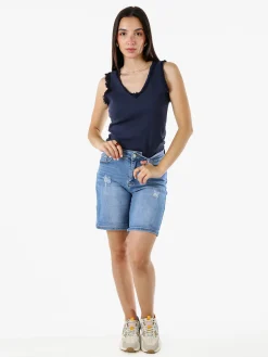 Solada Top donna a costine con scollo a V e bordi sfrangiati - blu scuro