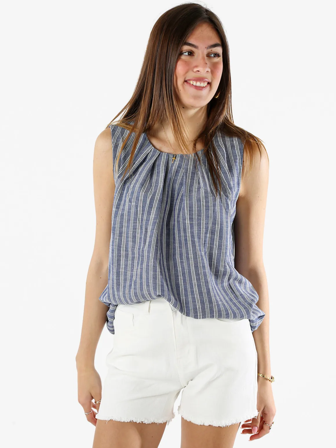 Solada Top donna a righe verticali con scollo tondo - blu