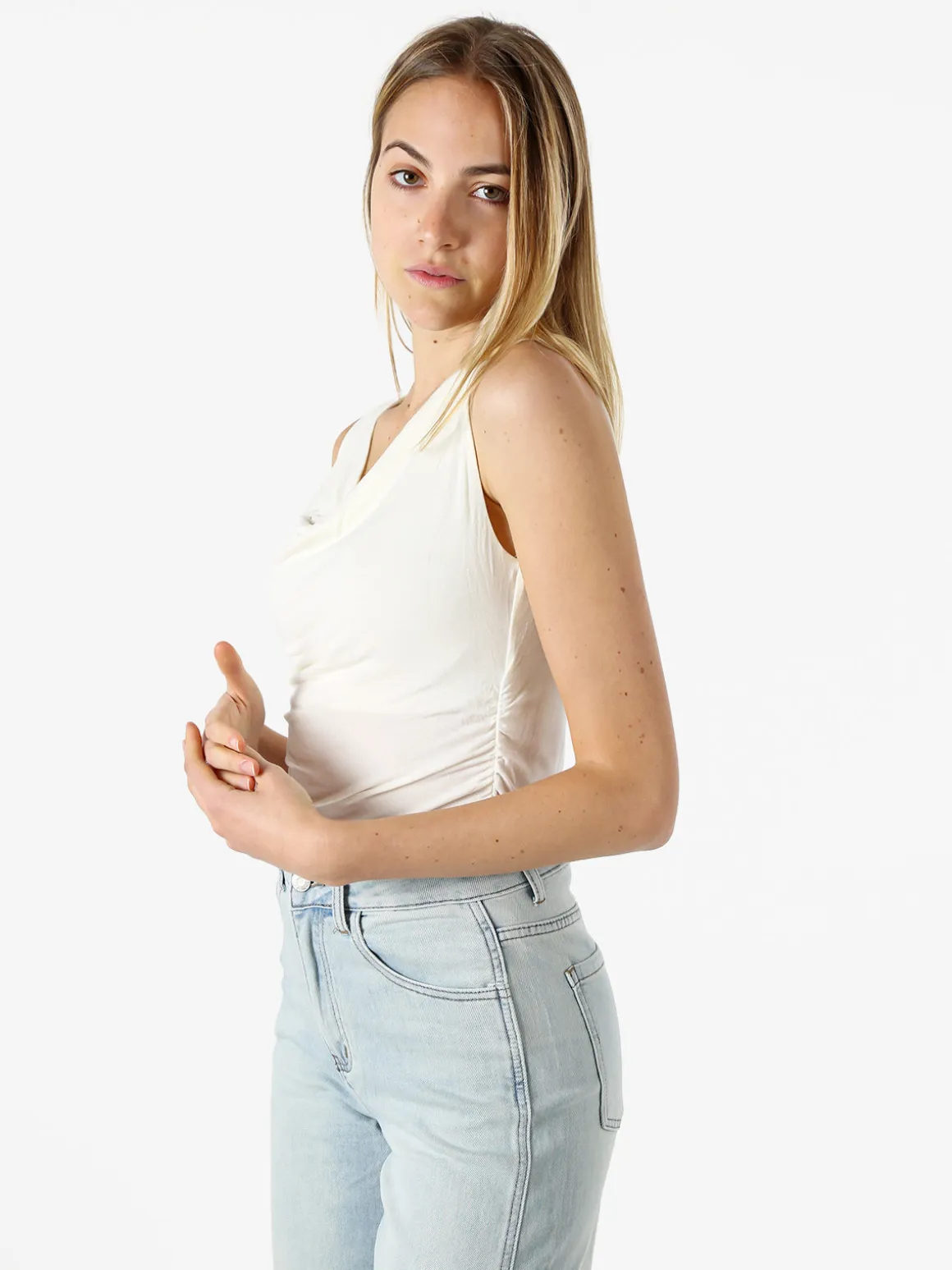 Solada Top donna arricciato sui lati con scollo a cascata - panna
