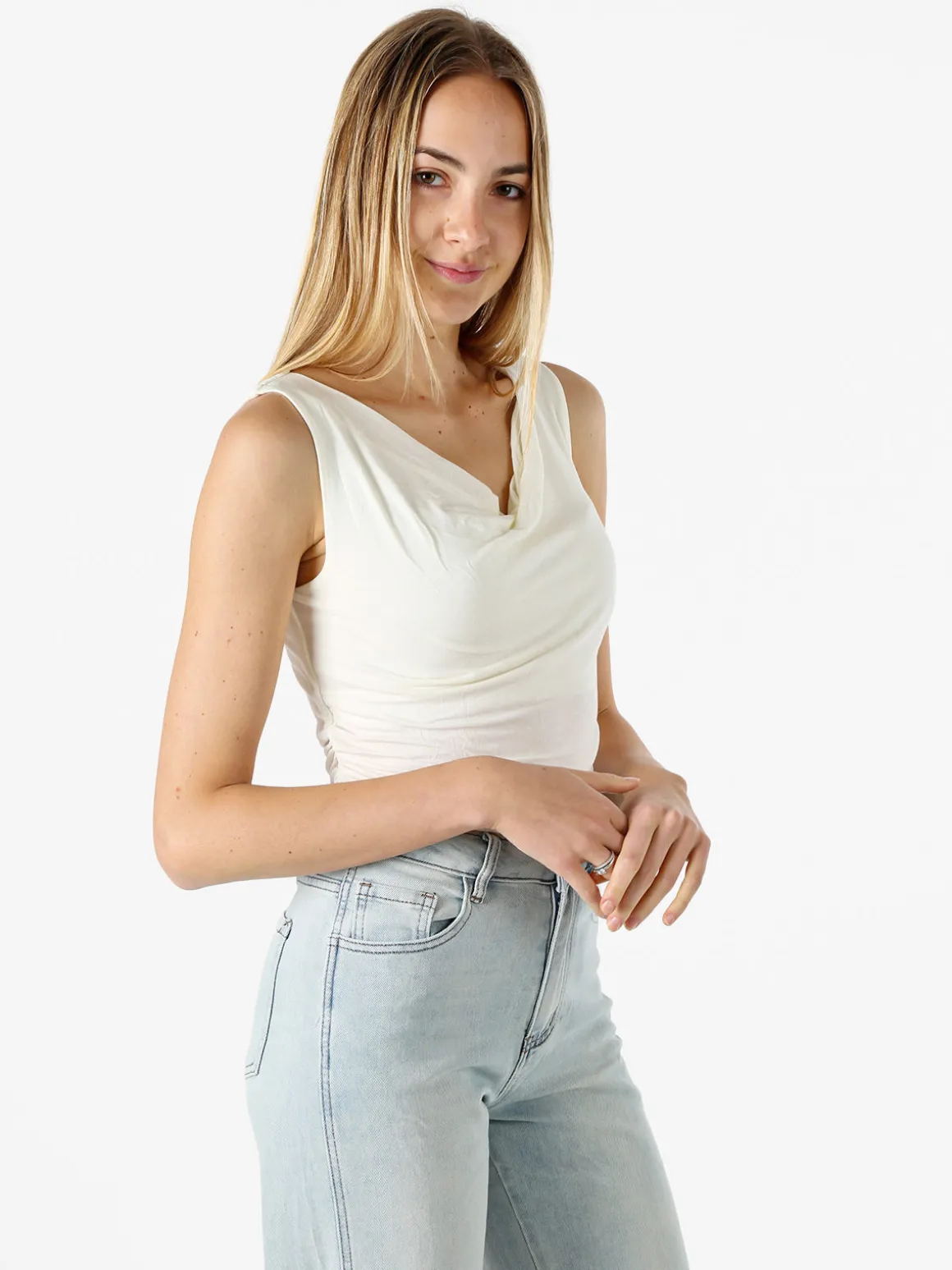Solada Top donna arricciato sui lati con scollo a cascata - panna