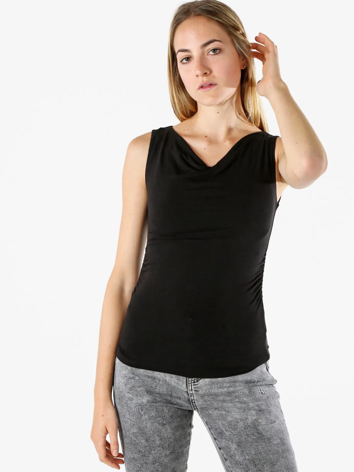Solada Top donna arricciato sui lati con scollo a cascata - nero