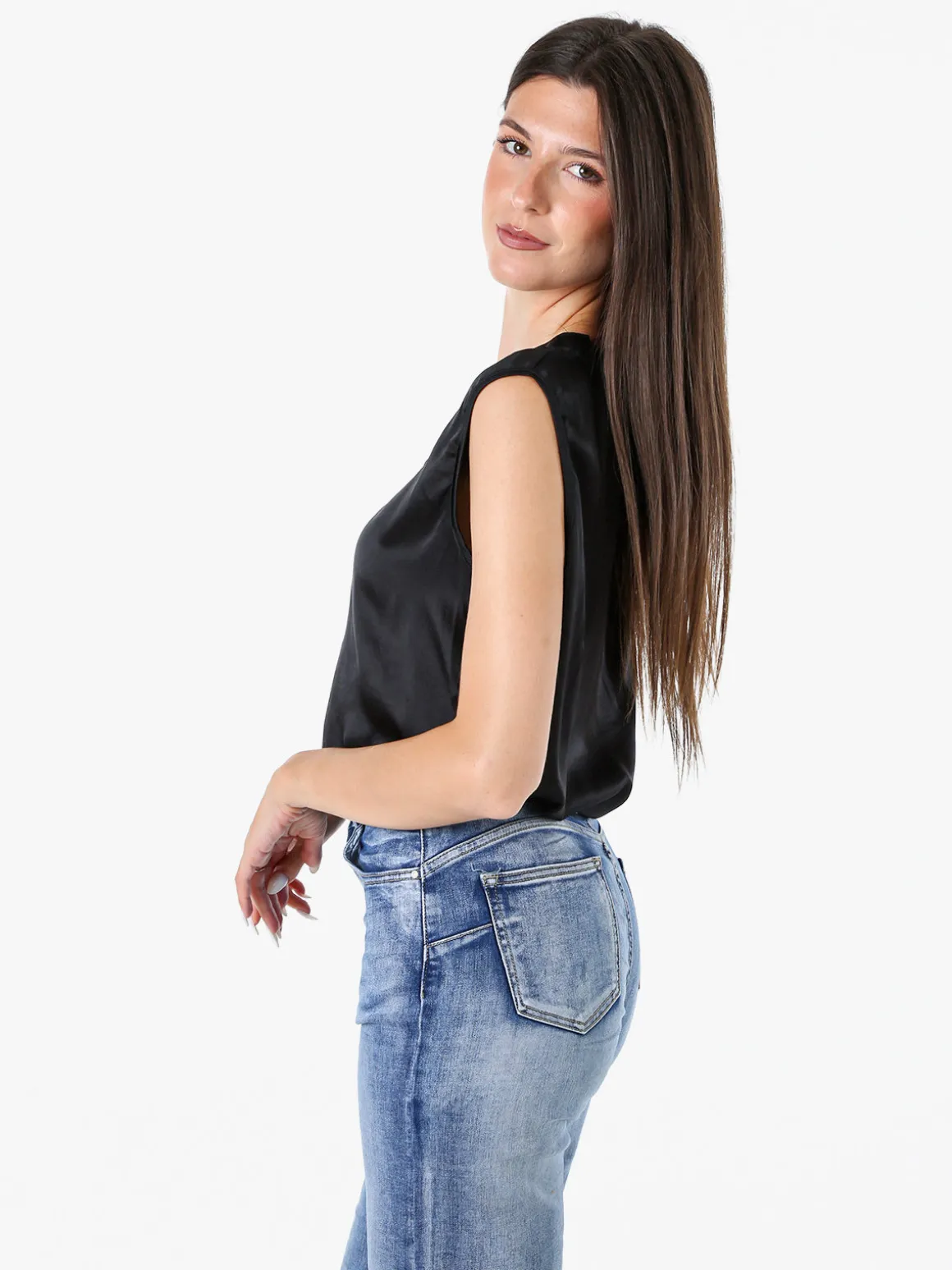 Solada Top donna a spalla larga con scollo a V - nero