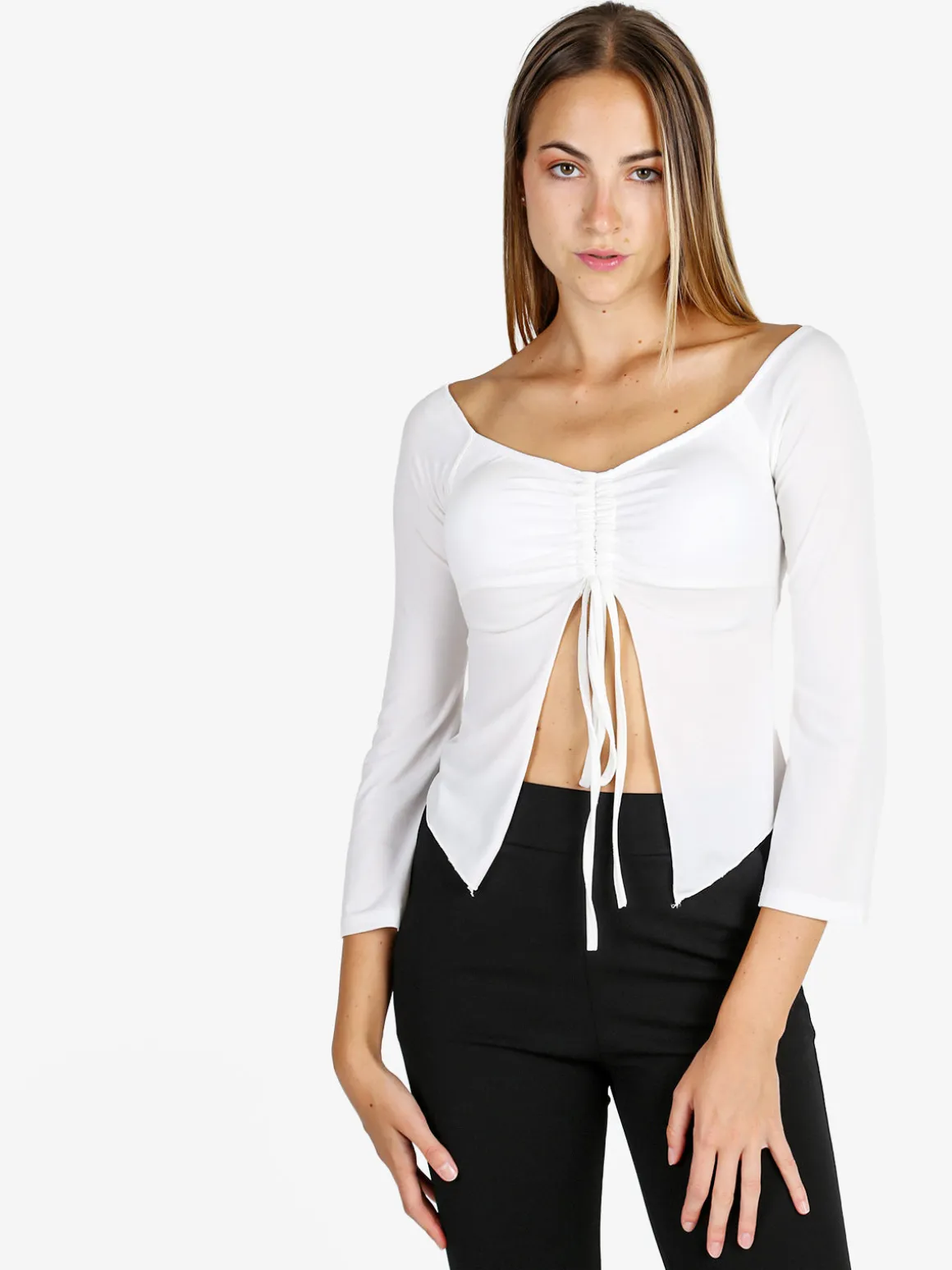 Solada Top donna con maniche lunghe a campana e laccetti - bianco