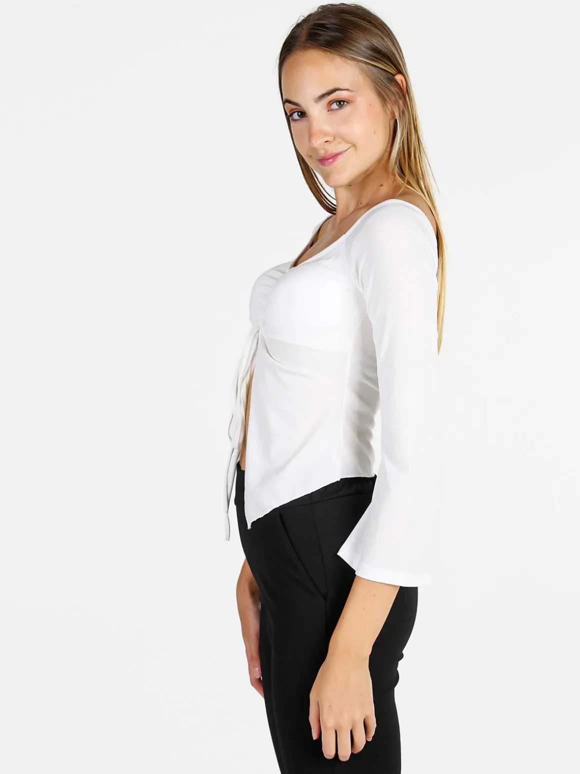 Solada Top donna con maniche lunghe a campana e laccetti - bianco
