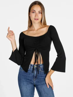 Solada Top donna con maniche lunghe a campana e laccetti - nero