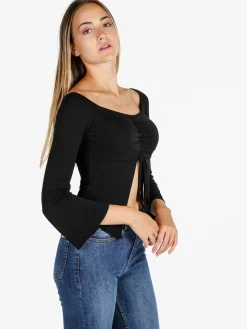 Solada Top donna con maniche lunghe a campana e laccetti - nero