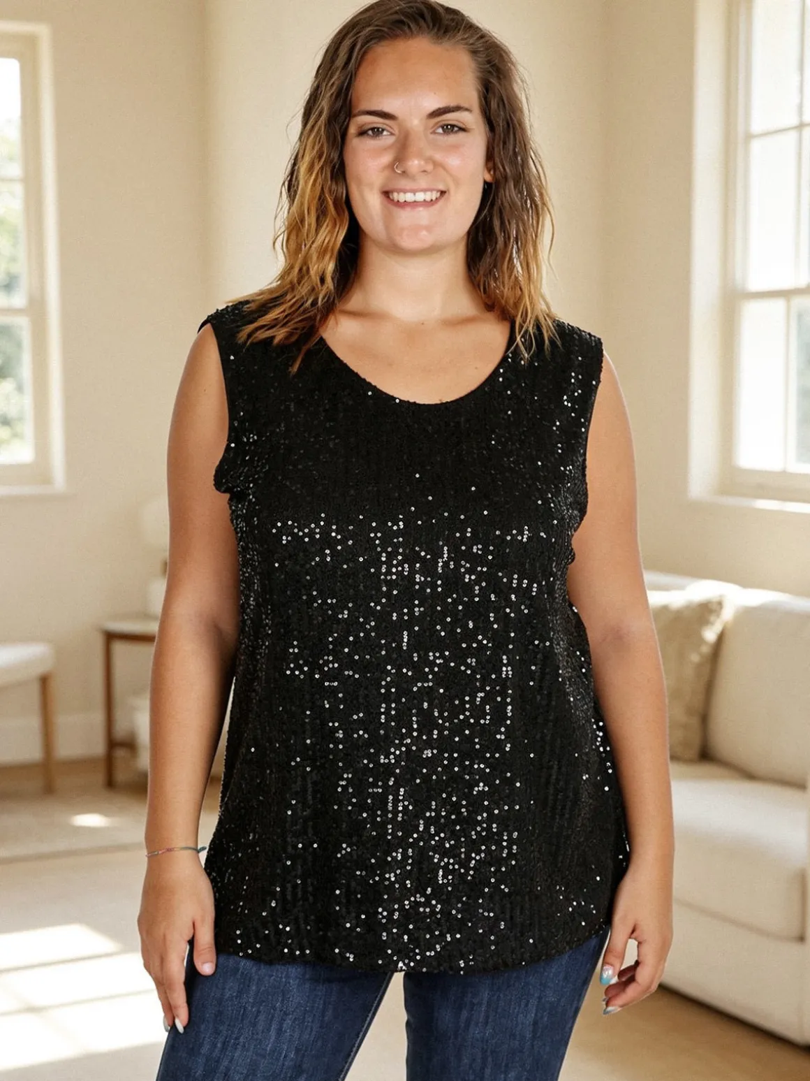 Solada Top donna con paillettes linea curvy - nero
