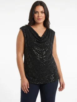 Solada Top donna con paillettes e scollo a cascata linea curvy - nero