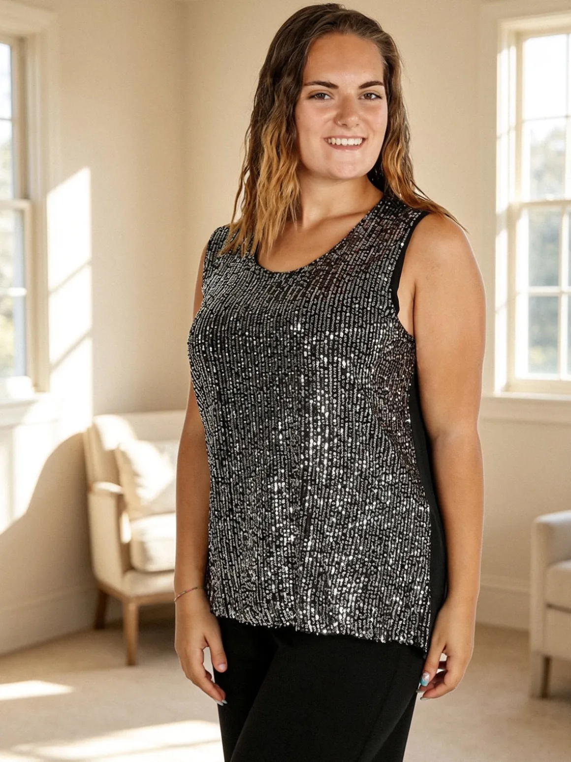 Solada Top donna con paillettes linea curvy - argento