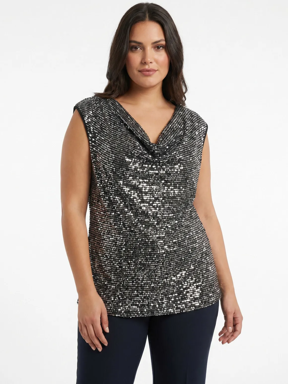 Solada Top donna con paillettes e scollo a cascata linea curvy - argento