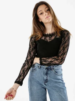 Solada Top donna con scollo e maniche lunghe in pizzo - nero