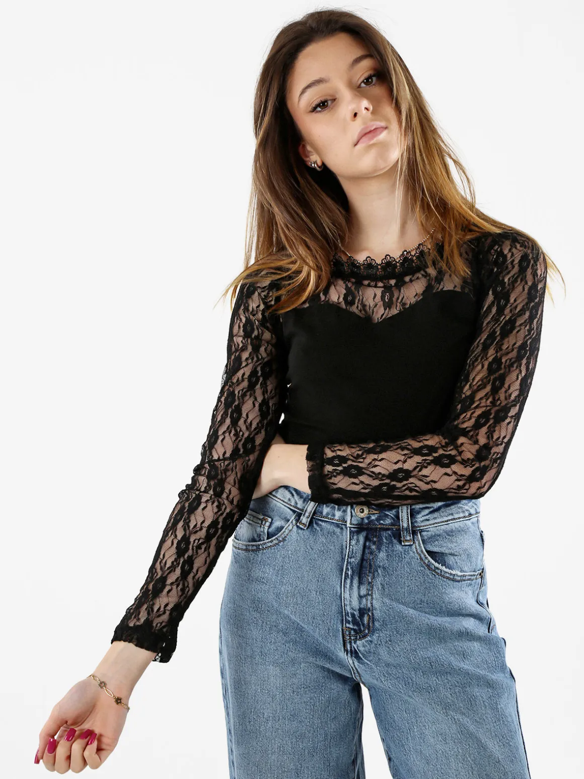 Solada Top donna con scollo e maniche lunghe in pizzo - nero
