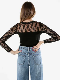 Solada Top donna con scollo e maniche lunghe in pizzo - nero
