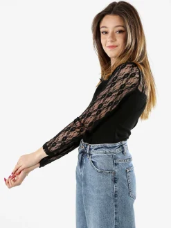 Solada Top donna con scollo e maniche lunghe in pizzo - nero
