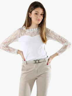 Solada Top donna con scollo e maniche lunghe in pizzo - bianco