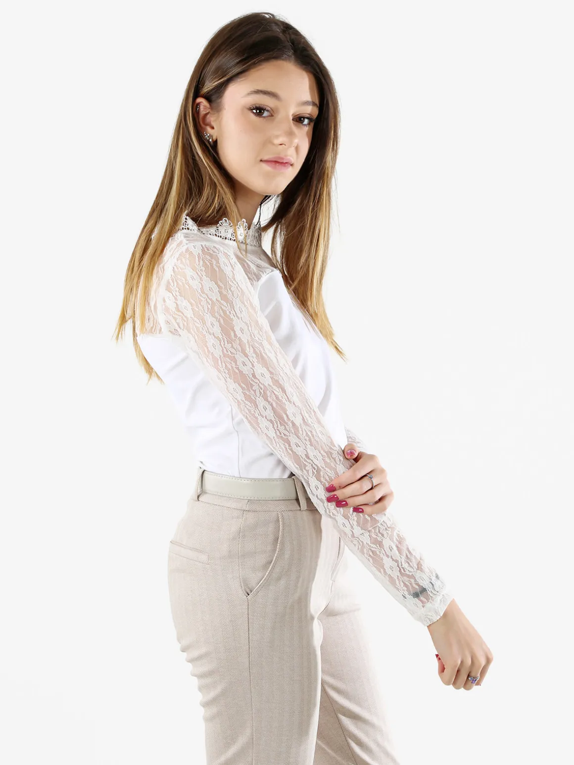 Solada Top donna con scollo e maniche lunghe in pizzo - bianco