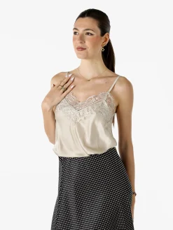Solada Top donna con spalline sottili e scollo a V con pizzo - beige