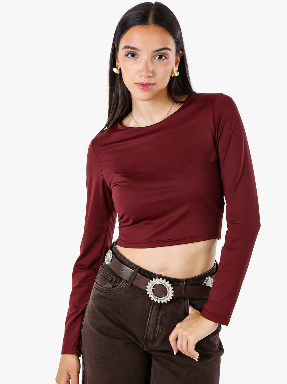Solada Top donna cropped a maniche lunghe con scollo tondo - bordeaux