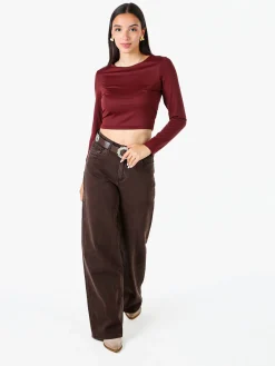 Solada Top donna cropped a maniche lunghe con scollo tondo - bordeaux