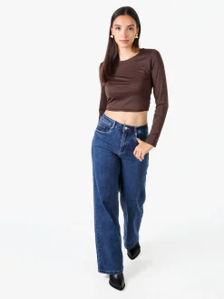 Solada Top donna cropped a maniche lunghe con scollo tondo - moro