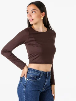 Solada Top donna cropped a maniche lunghe con scollo tondo - moro