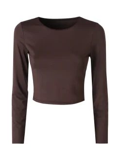 Solada Top donna cropped a maniche lunghe con scollo tondo - moro
