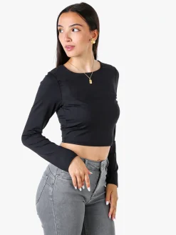 Solada Top donna cropped a maniche lunghe con scollo tondo - nero