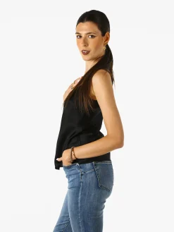 Solada Top donna effetto raso con scollo a V davanti e dietro - nero