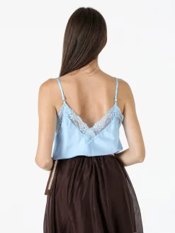 Solada Top donna effetto raso con scollo in pizzo e spalline strette - azzurro