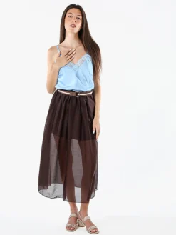 Solada Top donna effetto raso con scollo in pizzo e spalline strette - azzurro