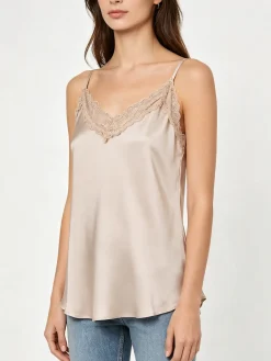 Solada Top donna effetto raso con scollo in pizzo e spalline strette - beige