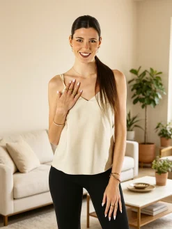 Solada Top donna effetto raso con scollo a V davanti e dietro - beige