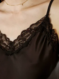 Solada Top donna effetto raso con scollo in pizzo e spalline strette - moro