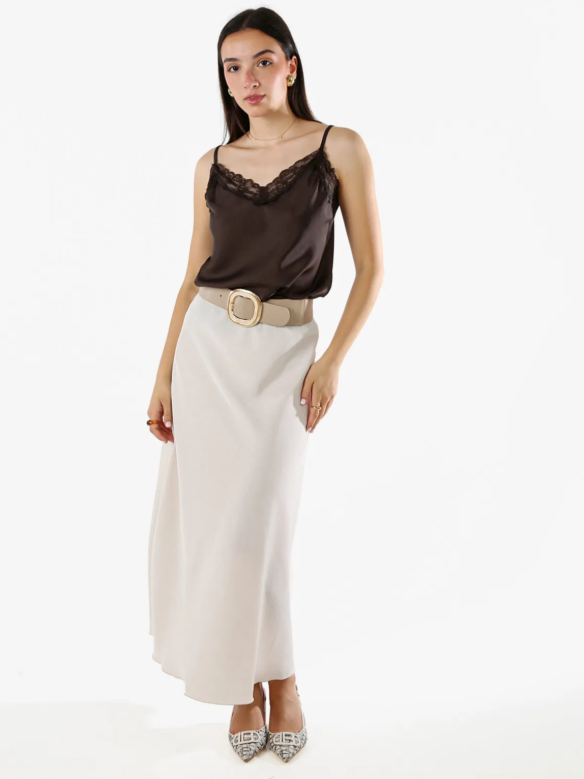 Solada Top donna effetto raso con scollo in pizzo e spalline strette - moro
