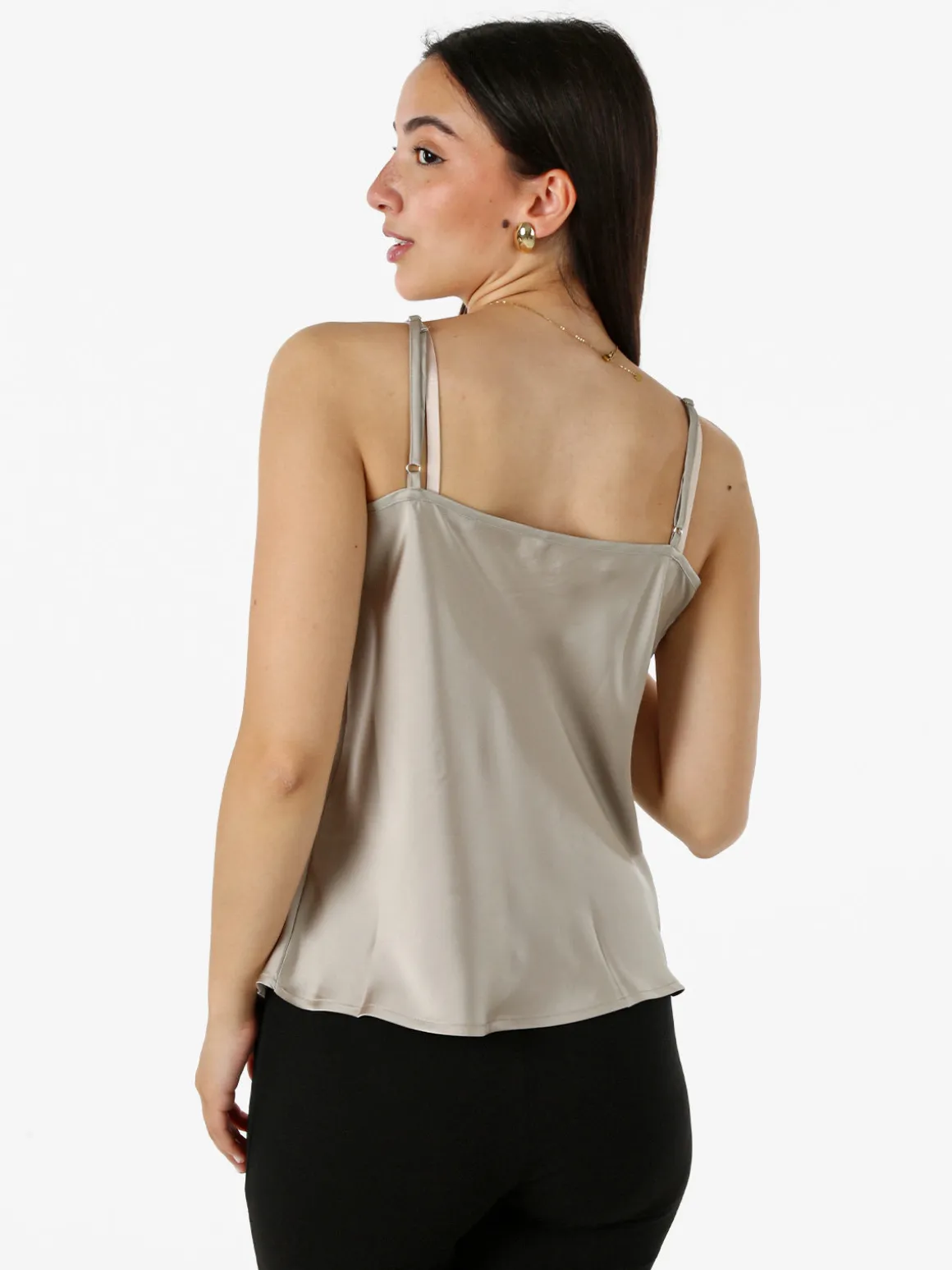 Solada Top donna effetto raso con scollo in pizzo e spalline strette - grigio