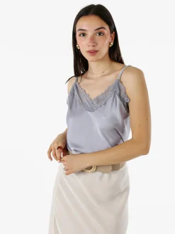 Solada Top donna effetto raso con scollo in pizzo e spalline strette - grigio