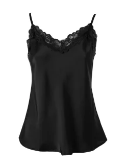 Solada Top donna effetto raso con scollo in pizzo e spalline strette - nero