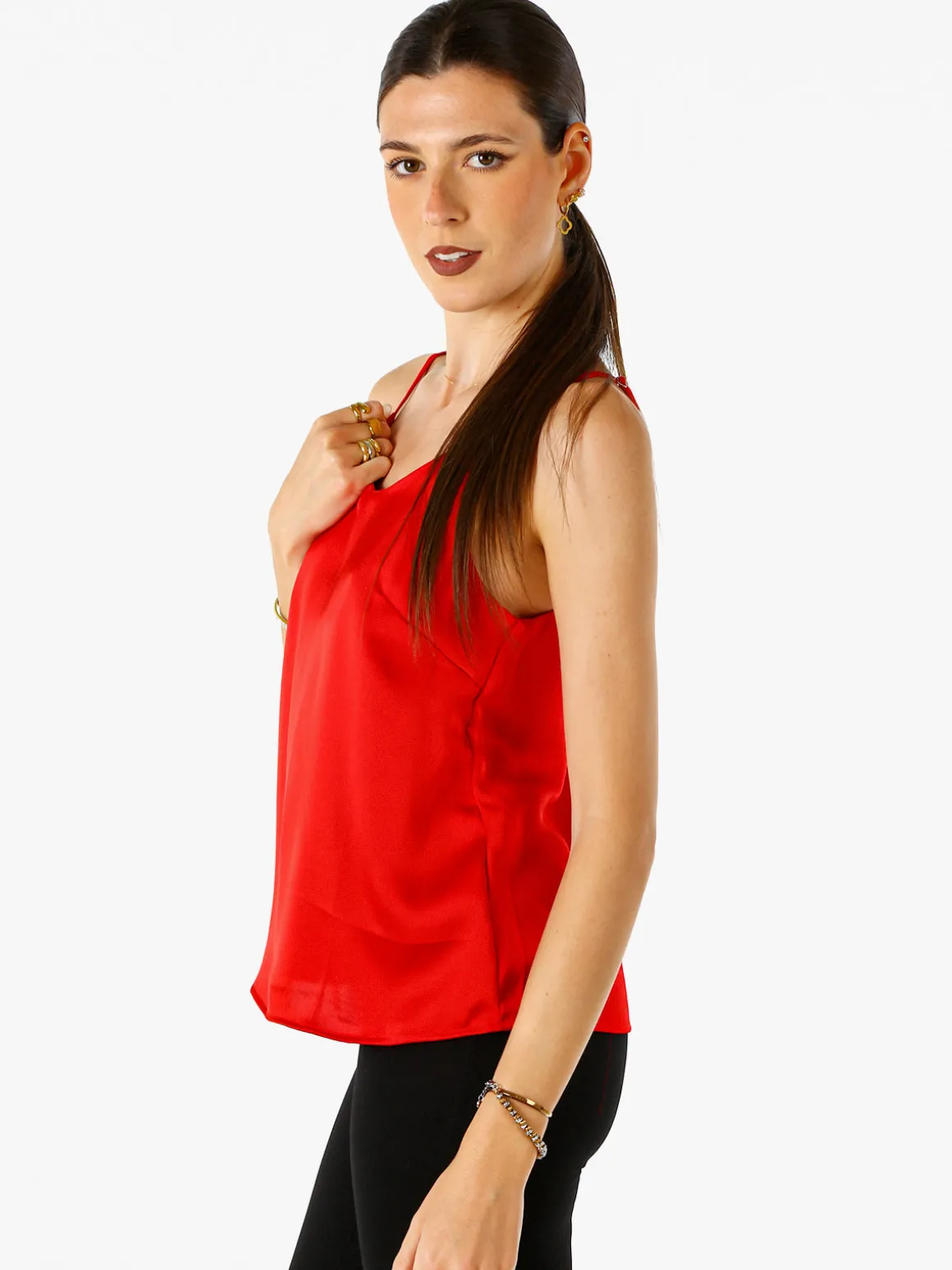 Solada Top donna effetto raso con spalline strette - rosso